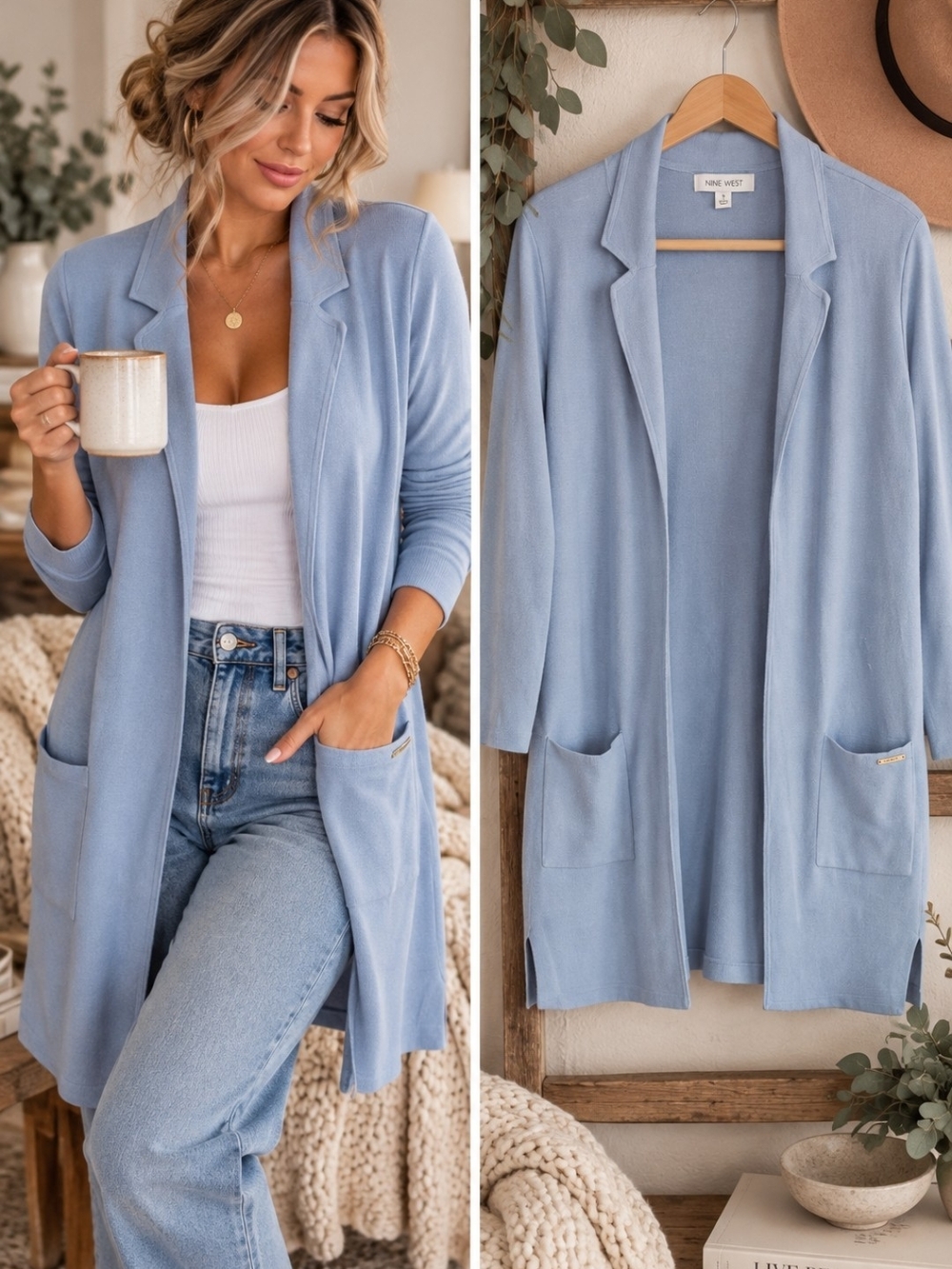 Nine West Powder Blue Longline Feminine Cozy Cardigan Open Front Pockets Medium